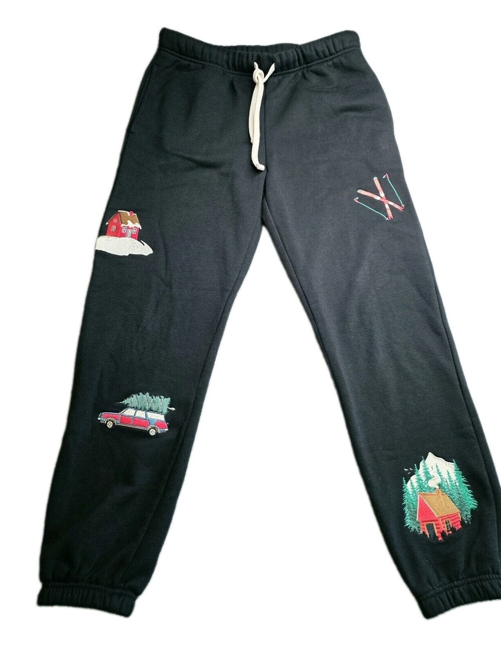Forever 21 Cabin Joggers Men's Size Small Black Embroidered Winter Patches